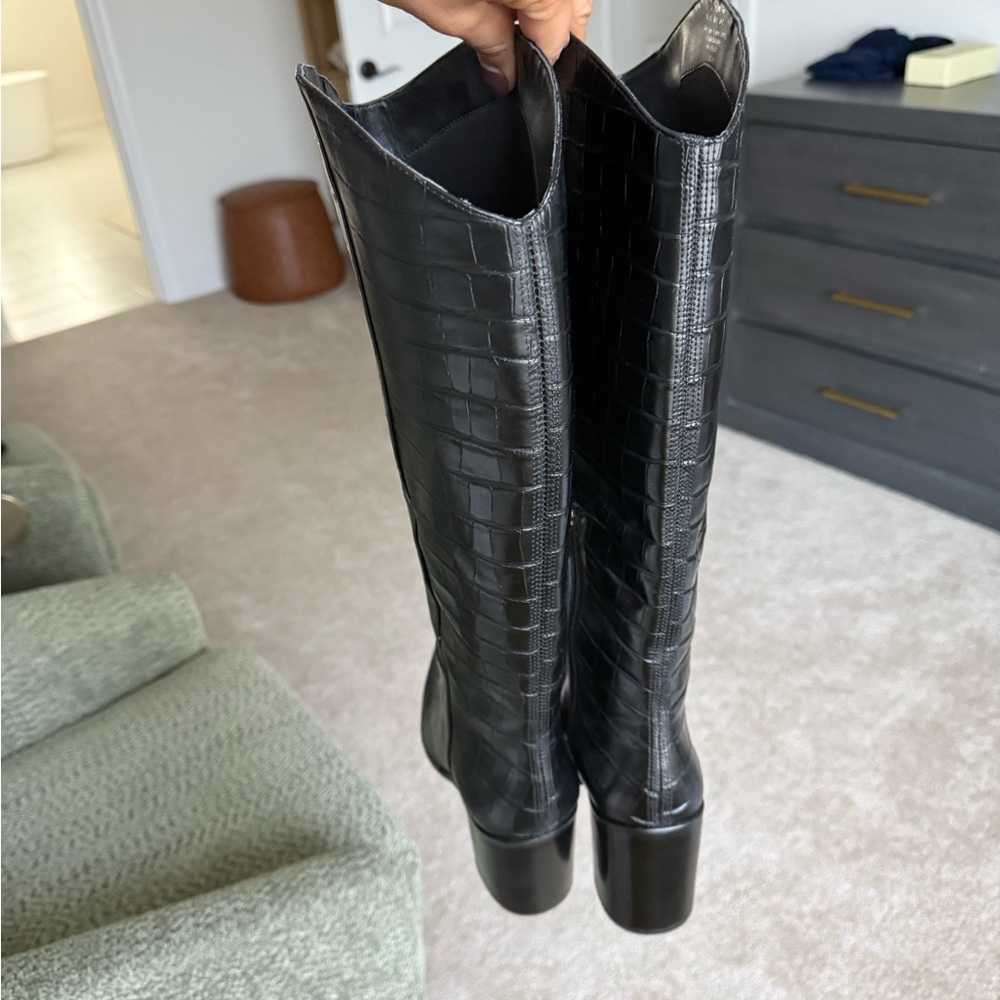 Black Croc-Embossed Knee-High Boots - Women's - Picture 6 of 7